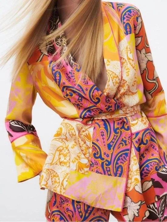 Zara Belted Multicolor Printed Kimono Jacket XS Oversized - Picture 3 of 8